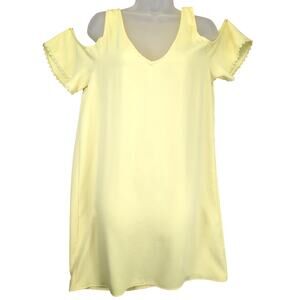 Everly Butter Yellow Open Shoulder Mini Dress, Sz L V-Neck Lace Trim Sleeve Boho